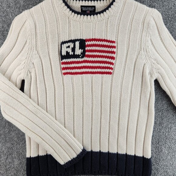 Polo Jeans Co American Flag Sweater Women Large Crew Neck White Blue Logo USA - Picture 1 of 16